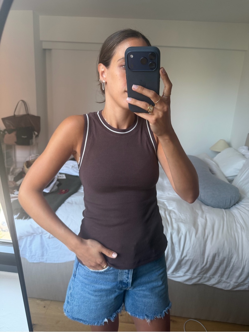 Ribbed Contrast-Trim Tank Top in Chocolate Brown